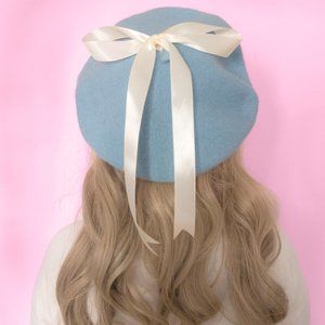 Blue beret with white ribbon - Alice Beret